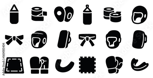 Martial arts solid icons set – silhouette, filled, combat and defense symbols