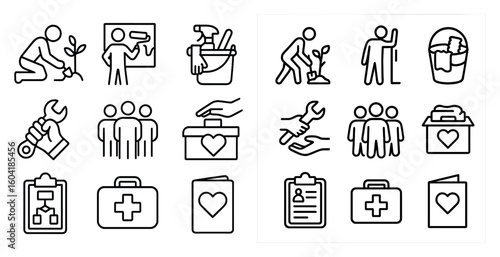 Charity and community outline icons set – helping, volunteer, social symbols