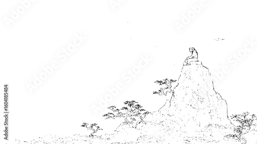 A contemplative monkey sits atop a stark mountain peak surrounded by sparse trees in a monochrome landscape