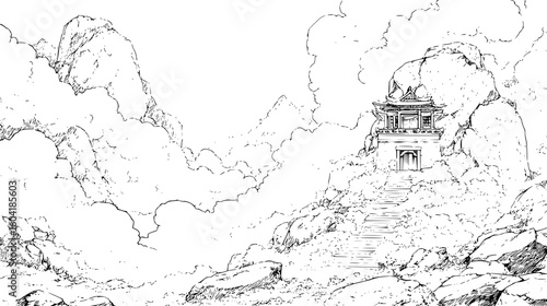 Illustration of a traditional asian building on a rocky hill surrounded by clouds with a staircase leading up