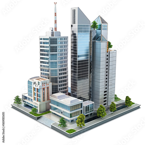 Modern cityscape, isometric view of multiple high-rise buildings and smaller structures.  Urban design, various architectural styles, commercial buildings,  green spaces, and streets. 