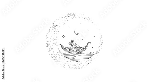 Woman rowing a boat on the water under a crescent moon and stars inside a dotted circle border