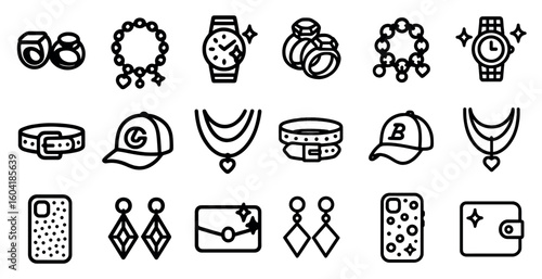 Fashion and jewelry line icons set – outline, style, accessories and design symbols