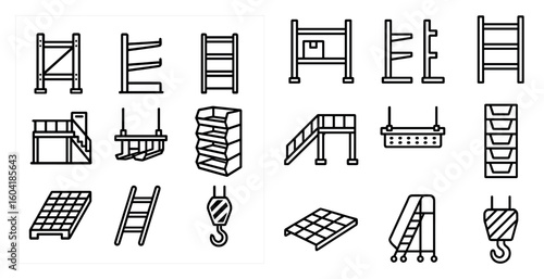 Warehouse storage outline icons set – shelving, logistics, industrial symbols