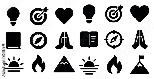 Business and productivity solid icons set – filled, silhouetted, office symbols