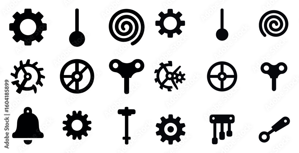 Obraz premium Mechanical gear silhouette icons set – tools, cogwheel, machine symbols
