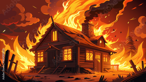 A burning wooden house with intense flames and smoke against the darkening skies, showcasing a dramatic and catastrophic fire scene set in a striking outdoor environment.