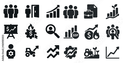Business growth solid icons set – finance, progress, analytics symbols