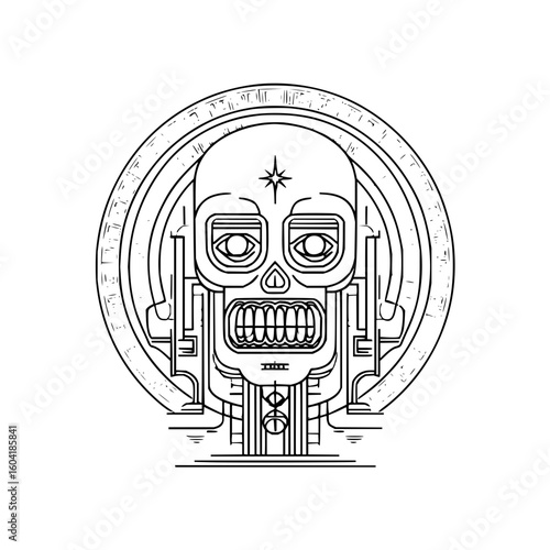 Geometric skull illustration with a star on the forehead and set in a circular frame design element