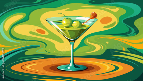 A creative depiction of a martini glass with olives set against an expressive, colorful, swirling design background. Perfect for themes of cocktails, creativity, and artistic concepts.