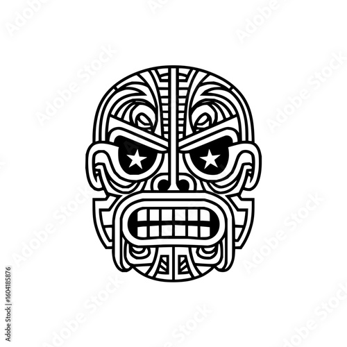 Stylized tribal mask illustration with intricate line work and star eyed expression in black and white