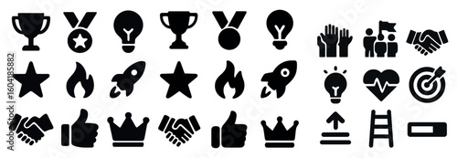 Achievement and success icons set – solid, filled, awards and motivation symbols
