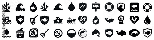 Marine wildlife silhouette icons set – ocean, aquatic, sea life symbols