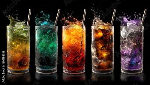Colorful drinks with splashing ice and straws on a black background