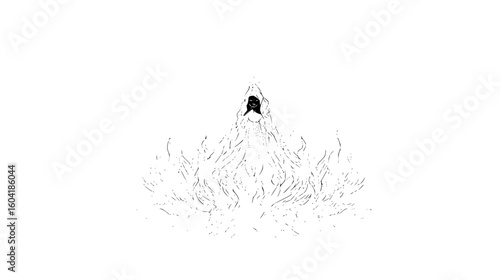 A ghostly figure with flowing hair and a dark face standing amidst wispy ethereal forms in black and white