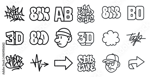 Graffiti and street art icons set – outline, urban, hip-hop style symbols