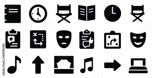 Theater and performance solid icons set – silhouette, filled, stage and drama symbols