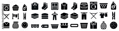 Laundry and cleaning icons set – solid, household, chore symbols