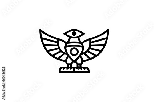 Stylized bird with wings spread and an eye on its head in a black outline on a white background image