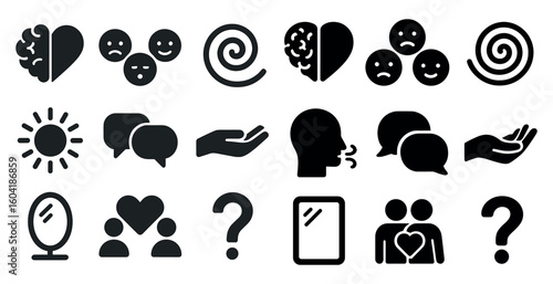 Mental health and wellness icons set – solid, therapy, self-care symbols