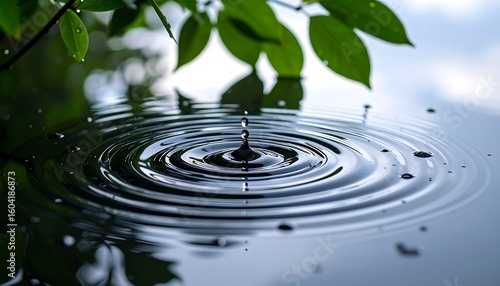 Water droplet impact, ripples on still water, green leaves