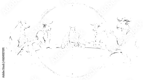 Illustration depicting a group of animalistic figures gathered around a table in a monochrome style