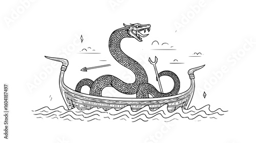 A sea serpent in a viking ship with an arrow and a trident on the water with clouds and diamonds