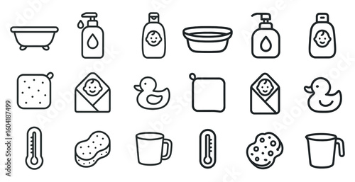 Baby bath time icons set – outline, linear, bathing and hygiene symbols