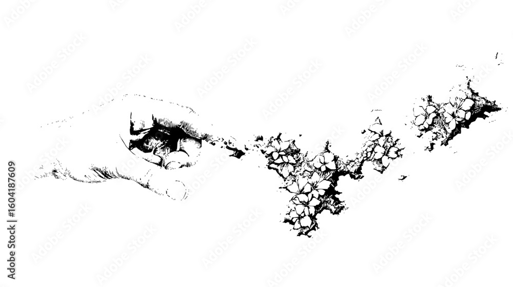 Fototapeta premium A hand touches a cloud like formation of flowers in a black and white drawing with detailed textures