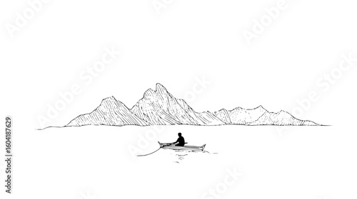 A lone figure rows a boat on a calm lake with a backdrop of majestic mountains in a minimalist sketch style