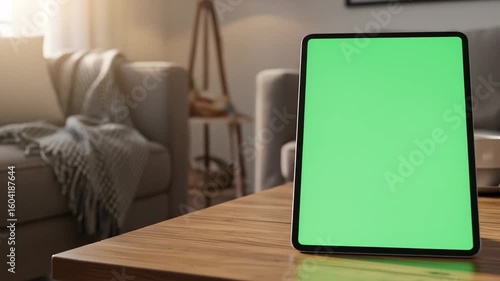 Tablet on Coffee Table with Green Screen in Living Room