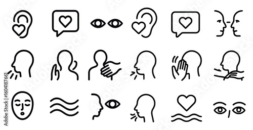 Communication and expression outline icons set – linear, solid, conversation visuals