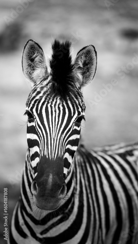 Black and white image of a zebra, close-up