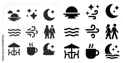 Holiday and vacation solid icons set – filled, travel, leisure symbols