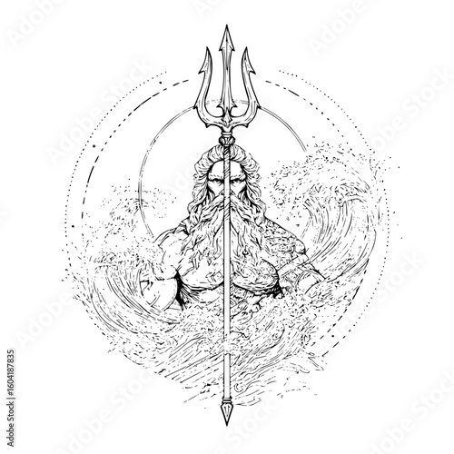 Illustration of poseidon emerging from waves with a trident in a black and white line drawing style