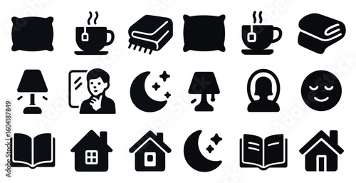 Home comfort solid icons set – silhouette, cozy living, everyday essentials symbols