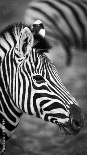 Black and white image of a zebra, close-up