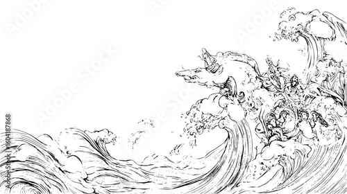 Illustration of a monochrome scene featuring large waves with figures riding on a mythical sea creature