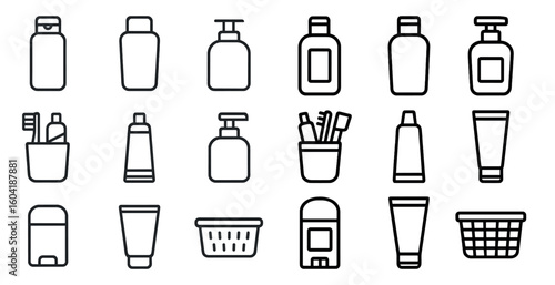 Bathroom toiletries outline icons set – linear, line, hygiene and grooming symbols