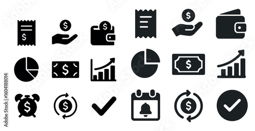 Financial and business solid icons set – filled, money management, investment symbols