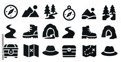 Adventure and exploration icons set – solid, filled, hiking and travel symbols