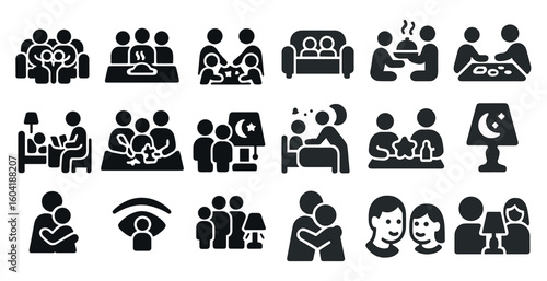 Family bonding solid icons set – silhouette, relationship, home interaction symbols