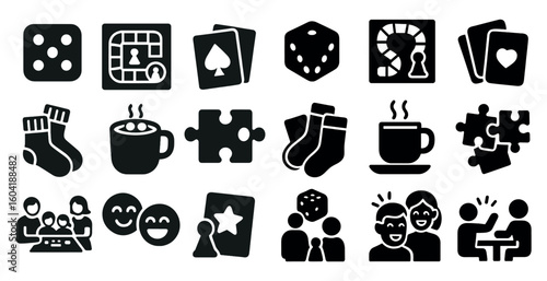 Board games solid icons set – including puzzle, card, and family play symbols