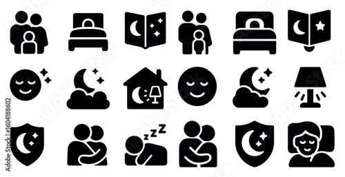 Family and sleep solid icons set – silhouette, filled, bedtime and night symbols