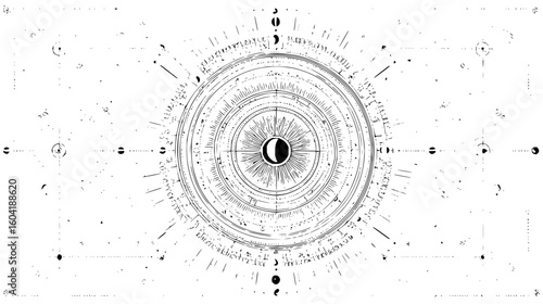 Detailed celestial chart featuring moon phases and astrological elements in black and white design style