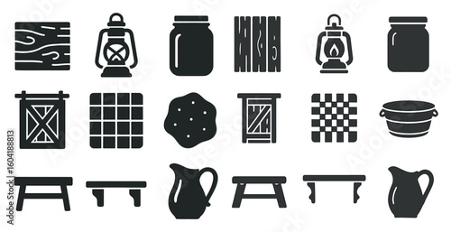 Rustic and farmhouse solid icons set – filled, vintage, homestead decor symbols