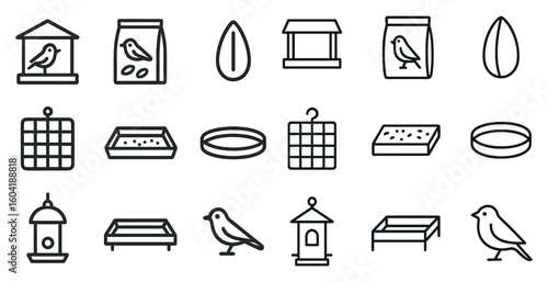 Bird watching linear icons set – outline, nature, birdhouse and feeder symbols