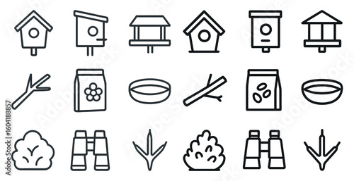 Bird watching line icons set – outline, birdhouse, nature and wildlife symbols