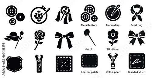 Fashion accessories silhouette icons set – embroidery, buttons, sewing essentials