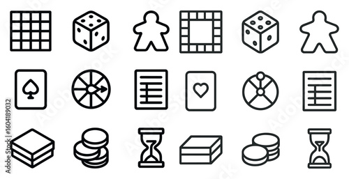 Board game line icons set – outline, flat, gaming and recreational symbols